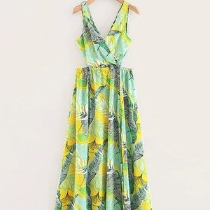 Tropical Print Crossover Split Maxi Dress